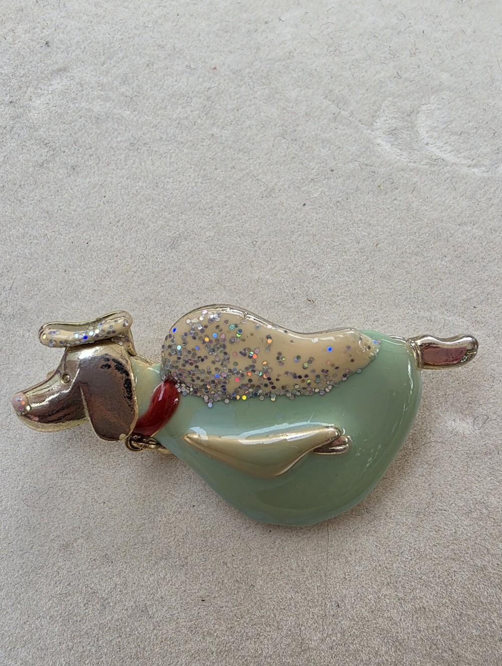 AAi: Mint Green Enamel Angel Dog Brooch Pin Glitter Wings & Bell